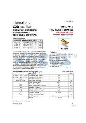 IRHG3110 datasheet - RADIATION HARDENED POWER MOSFET THRU-HOLE (MO-036AB)