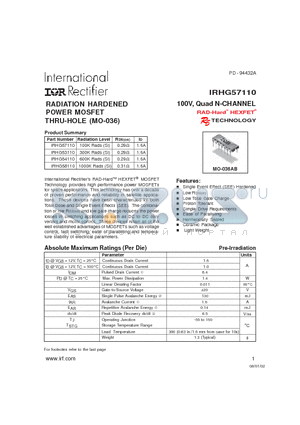 IRHG57110 datasheet - RADIATION HARDENED POWER MOSFET THRU-HOLE (MO-036)