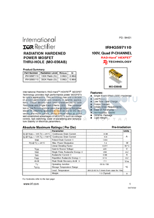 IRHG597110 datasheet - RADIATION HARDENED POWER MOSFET THRU-HOLE (MO-036AB)