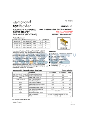 IRHG6110 datasheet - 100V, Combination 2N-2P-CHANNEL RAD-Hard HEXFET MOSFET TECHNOLOGY