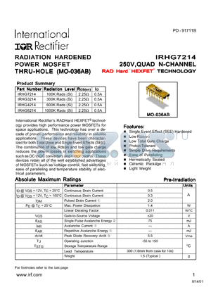 IRHG8214 datasheet - RADIATION HARDENED POWER MOSFET THRU-HOLE