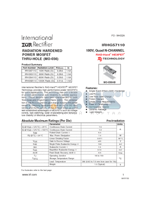 IRHG54110 datasheet - RADIATION HARDENED POWER MOSFET THRU-HOLE (MO-036)