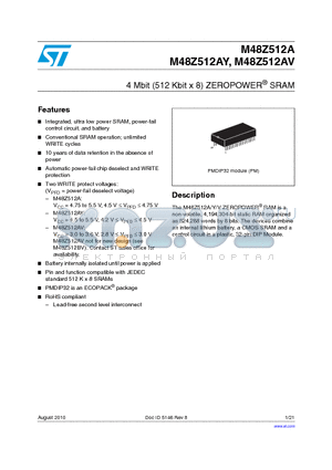 M48Z512AV-70PM1 datasheet - 4 Mbit (512 Kbit x 8) ZEROPOWER^ SRAM