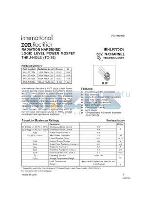 IRHLF740Z4 datasheet - RADIATION HARDENED LOGIC LEVEL POWER MOSFET THRU-HOLE (TO-39)