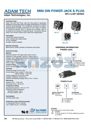 MP3PD datasheet - MINI DIN POWER JACK & PLUG MPJ & MP SERIES