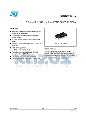 M48Z512BV datasheet - 3.3 V, 4 Mbit (512 K x 8 bit) ZEROPOWER SRAM