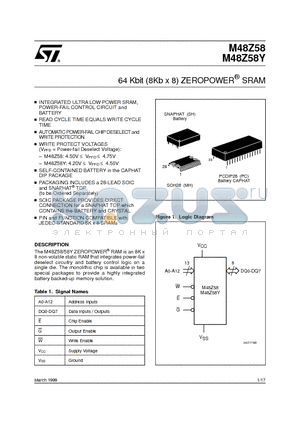 M48Z58 datasheet - 64 Kbit 8Kb x 8 ZEROPOWER SRAM