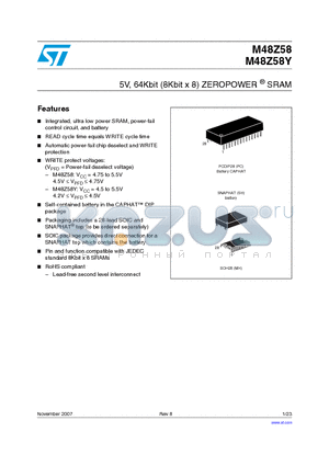 M48Z58-70MH1F datasheet - 5V, 64Kbit (8Kbit x 8) ZEROPOWER SRAM