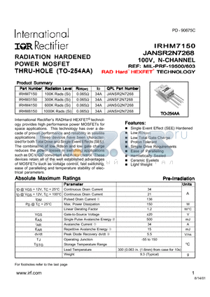 IRHM3150 datasheet - RADIATION HARDENED POWER MOSFET THRU-HOLE