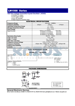 LM1500 datasheet - Half Size Voltage Controlled Crystal Oscillator (VCXO)