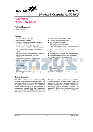 HT1647A datasheet - 64x16 LCD Controller for I/O MCU