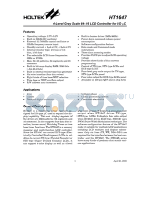 HT1647 datasheet - 4-Level Gray Scale 64x16 LCD Controller for I/O C