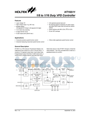 HT16511 datasheet - 1/8 to 1/16 Duty VFD Controller