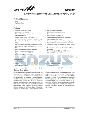 HT1647 datasheet - 4-Level Gray Scale 64x16 LCD Controller for I/O MCU