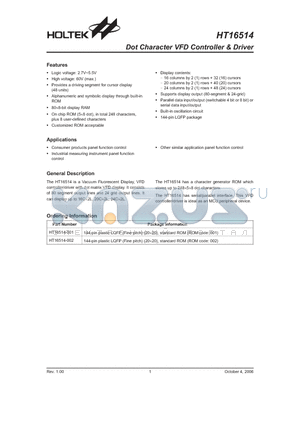 HT16514-001 datasheet - Dot Character VFD Controller & Driver
