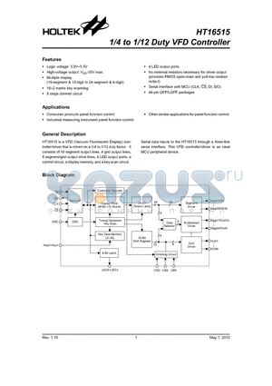 HT16515 datasheet - 1/4 to 1/12 Duty VFD Controller