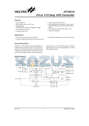 HT16515 datasheet - 1/4 to 1/12 Duty VFD Controller