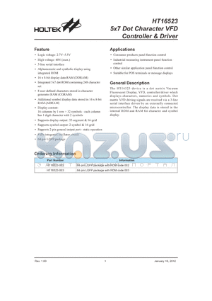 HT16523 datasheet - 5x7 Dot Character VFD Controller & Driver