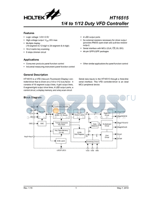 HT16515_10 datasheet - 1/4 to 1/12 Duty VFD Controller