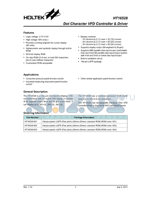 HT16528-001 datasheet - Dot Character VFD Controller & Driver
