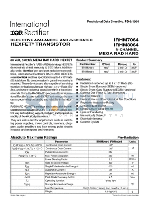 IRHM8064 datasheet - TRANSISTOR N-CHANNEL