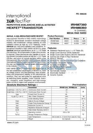 IRHM8360 datasheet - REPETITIVE AVALANCHE AND dv/dt RATED