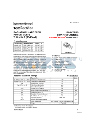 IRHM8Z60 datasheet - RADIATION HARDENED POWER MOSFET THRU-HOLE (TO-254AA)