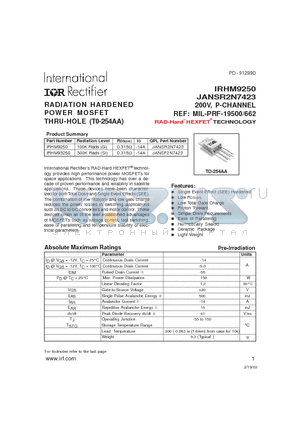 IRHM9250 datasheet - RADIATION HARDENED POWER MOSFET THRU-HOLE (T0-254AA)