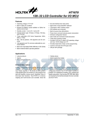 HT1670 datasheet - 128x32 LCD Controller for I/O MCU