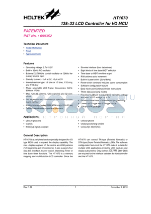 HT1670_10 datasheet - 128x32 LCD Controller for I/O MCU