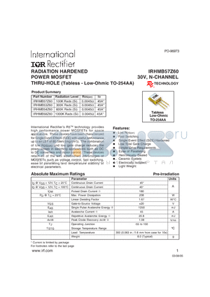 IRHMB57Z60 datasheet - RADIATION HARDENED POWER MOSFET THRU-HOLE (Tabless - Low-Ohmic TO-254AA)