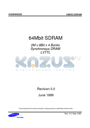 K4S640832D-TC/L10 datasheet - 64Mbit SDRAM 2M x 8Bit x 4 Banks Synchronous DRAM LVTTL