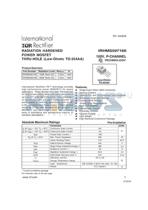 IRHMS593160 datasheet - RADIATION HARDENED POWER MOSFET THRU-HOLE (Low-Ohmic TO-254AA)