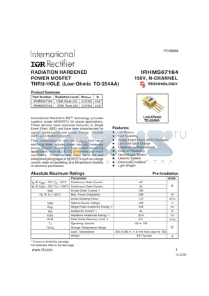 IRHMS63164 datasheet - RADIATION HARDENED POWER MOSFET THRU-HOLE (Low-Ohmic TO-254AA)