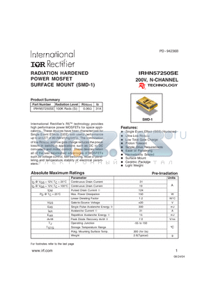 IRHN57250SE datasheet - RADIATION HARDENED POWER MOSFET SURFACE MOUNT (SMD-1)