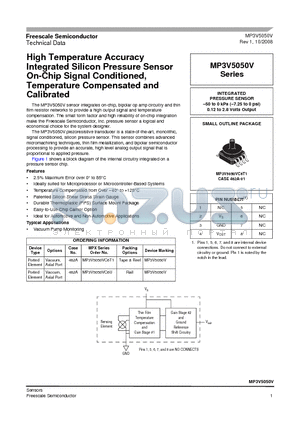 MP3V5050VC6U datasheet - High Temperature Accuracy Integrated Silicon Pressure Sensor On-Chip Signal Conditioned, Temperature Compensated and Calibrated