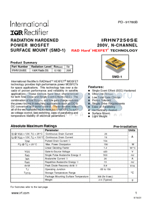 IRHN7250SE datasheet - RADIATION HARDENED POWER MOSFET SURFACE MOUNT (SMD-1)