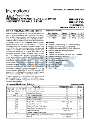 IRHN8230 datasheet - TRANSISTOR N-CHANNEL(BVdss=200V, Rds(on)=0.40ohm, Id=9.0A)