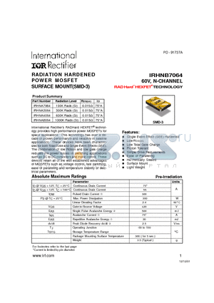 IRHNA3064 datasheet - RADIATION HARDENED POWER MOSFET SURFACE MOUNT(SMD-3)