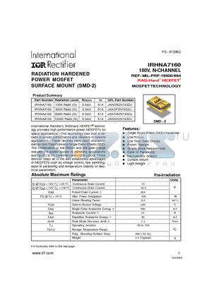 IRHNA3160 datasheet - RADIATION HARDENED POWER MOSFET SURFACE MOUNT (SMD-2)