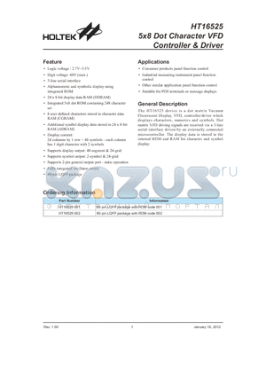 HT16525-002 datasheet - 5x8 Dot Character VFD Controller & Driver