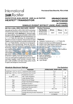 IRHN7C50SE datasheet - TRANSISTOR N-CHANNEL(BVdss=600V, Rds(on)=0.60ohm, Id=10.4A)