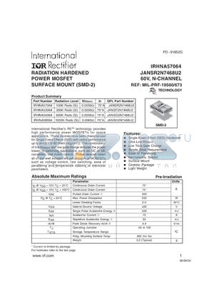 IRHNA53064 datasheet - RADIATION HARDENED POWER MOSFET SURFACE MOUNT (SMD-2)