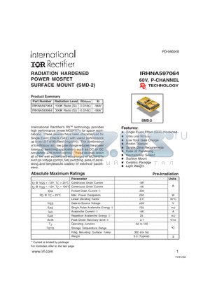 IRHNA593064 datasheet - RADIATION HARDENED POWER MOSFET SURFACE MOUNT (SMD-2)