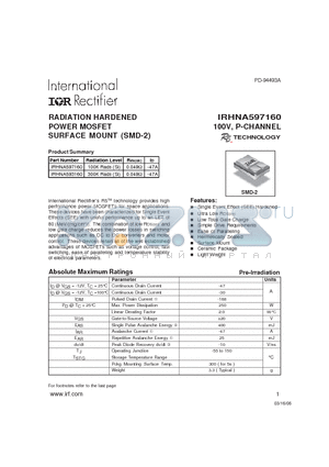 IRHNA593160 datasheet - RADIATION HARDENED POWER MOSFET SURFACE MOUNT (SMD-2)