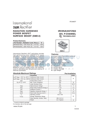 IRHNA597Z60 datasheet - RADIATION HARDENED POWER MOSFET SURFACE MOUNT (SMD-2)