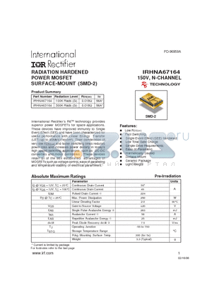 IRHNA63164 datasheet - RADIATION HARDENED POWER MOSFET SURFACE-MOUNT (SMD-2)