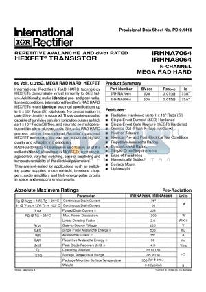 IRHNA7064 datasheet - TRANSISTOR N-CHANNEL