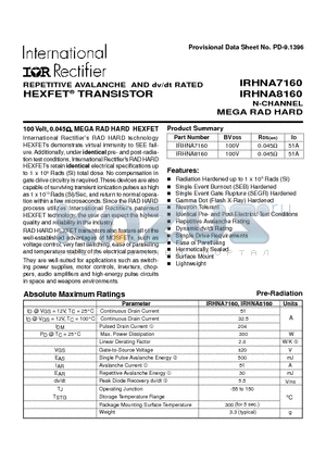 IRHNA8160 datasheet - TRANSISTOR N-CHANNEL