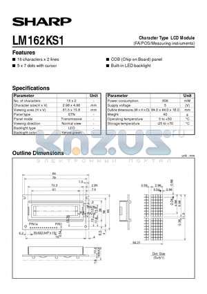 LM162KS1 datasheet - Character Type LCD Module(FA/POS/Measuring instruments)